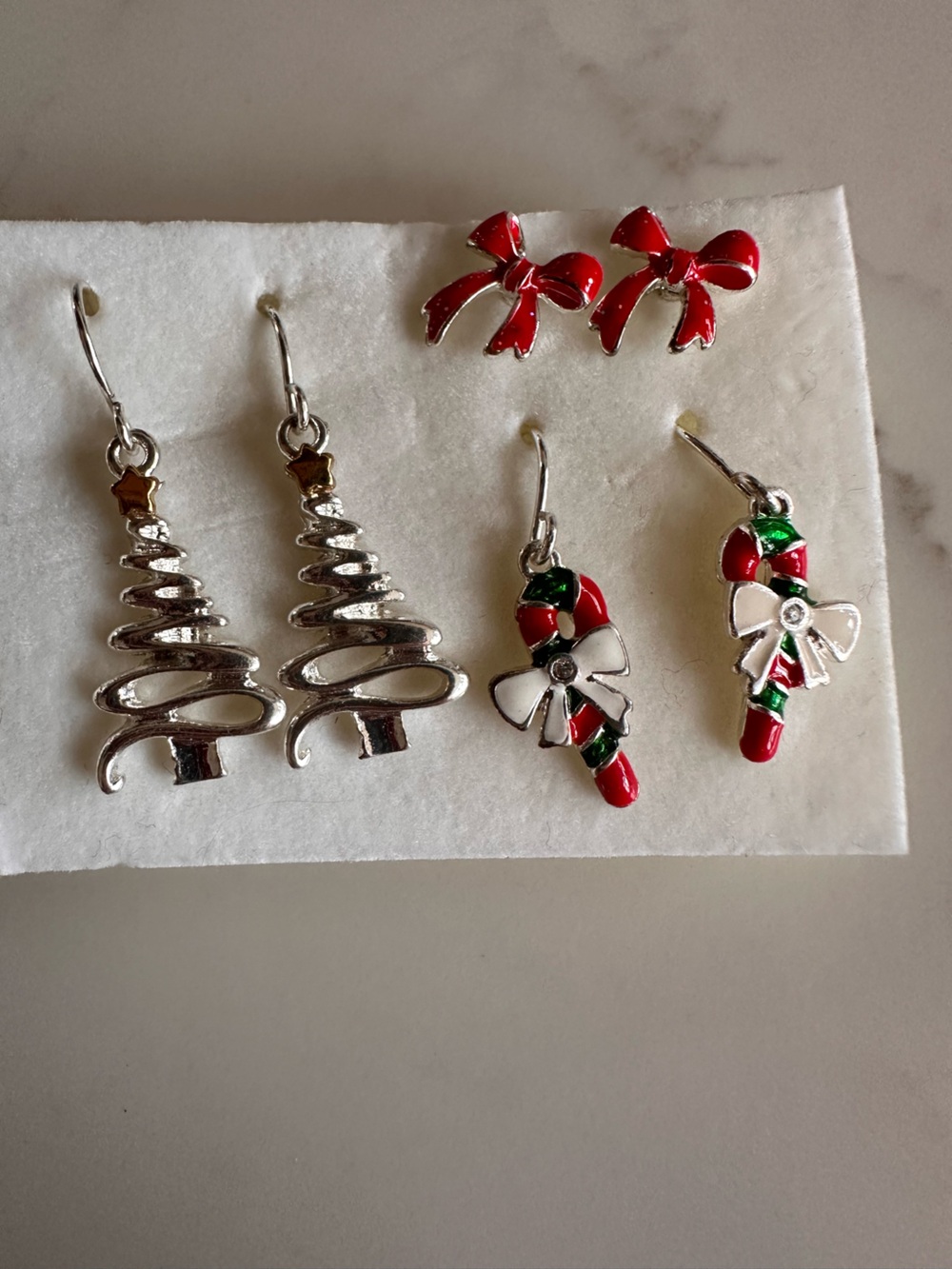 Festive Red & Green Candy Cane and Silver Tree Earrings - Women Jewelry